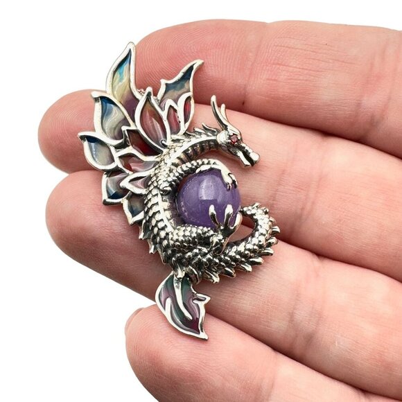 Jade of Yesteryear Womens Necklace Sterling Purple Jade Dragon Plique a Jour - Picture 3 of 5